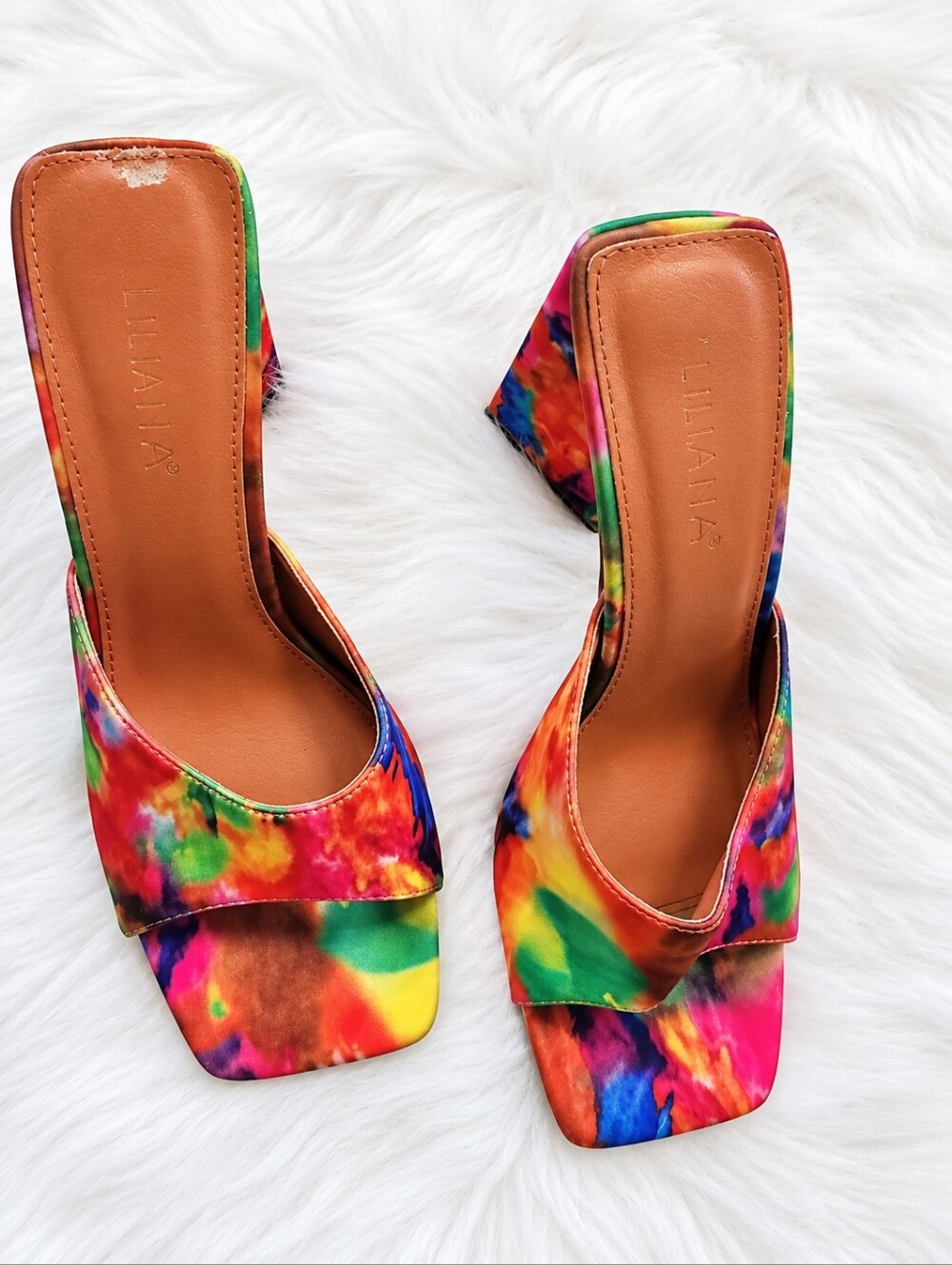 Liliana Multicolor Tie-Dye Abstact Print Triangle Block Heel Mules Size 8.5